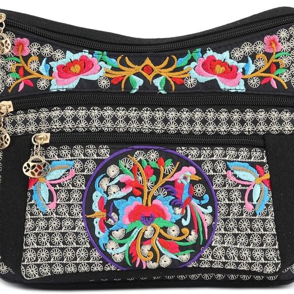 Embroidered Canvas 3 zip Small Crossbody Bag Cell Phone Purse Shoulder Wallet Ha - Picture 1 of 6